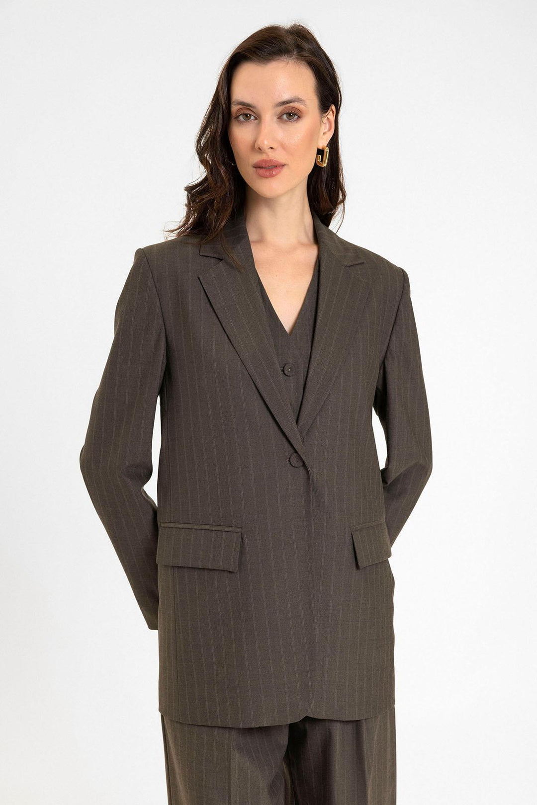 ANT Antioch Coffee Women's Single Button Striped Blazer Jacket - Dijon