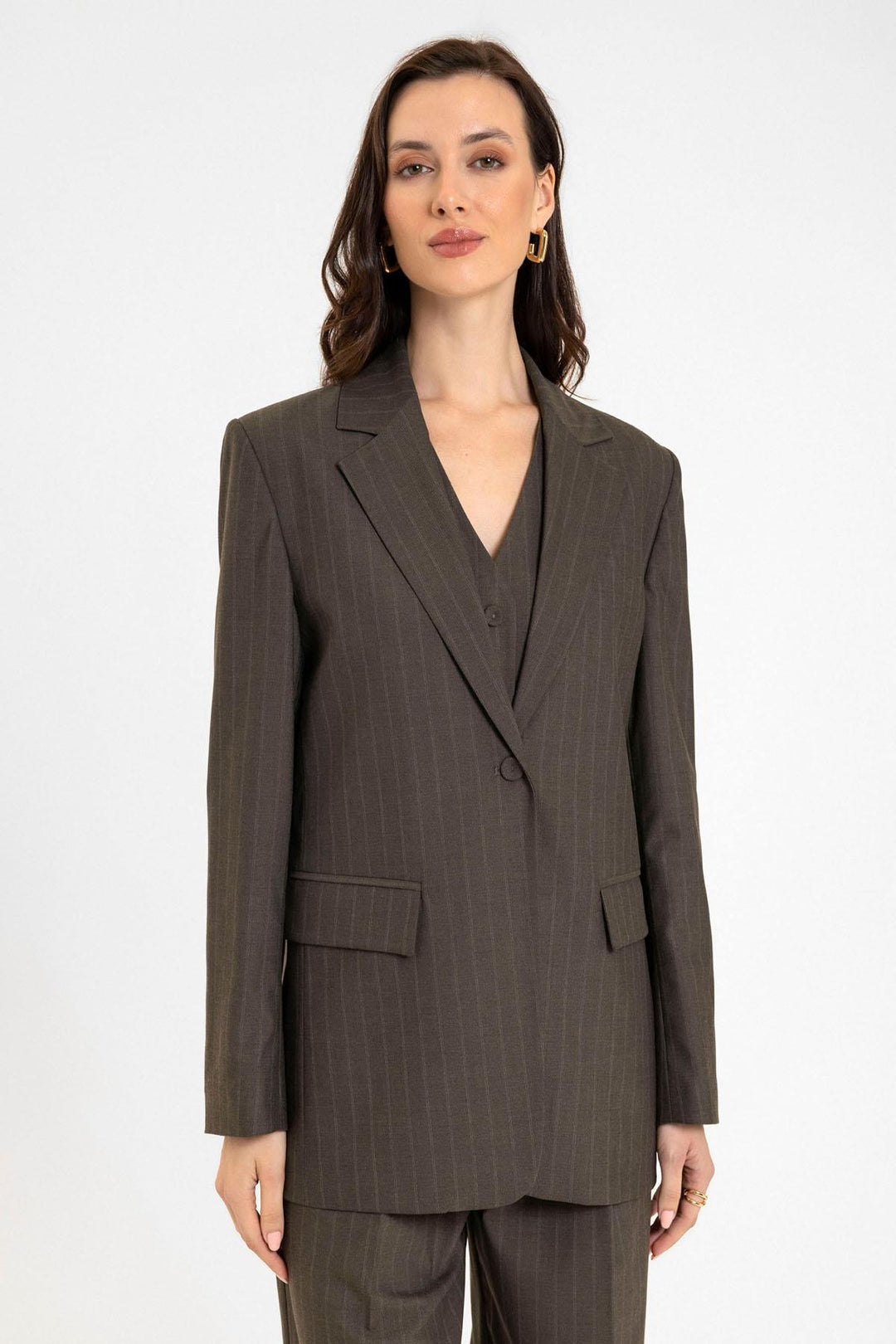 ANT Antioch Coffee Women's Single Button Striped Blazer Jacket - Dijon