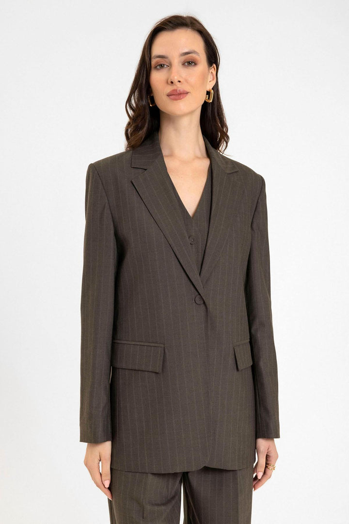 ANT Antioch Coffee Women's Single Button Striped Blazer Jacket - Dijon
