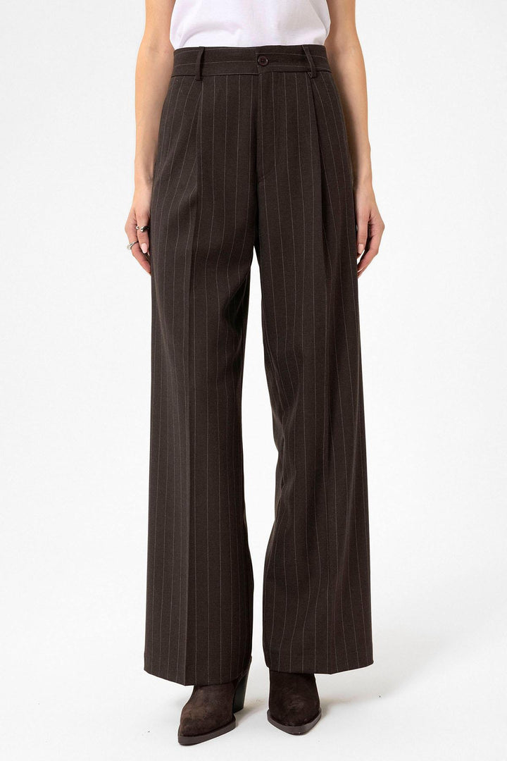 ANT Antioch Coffee Women's High Waist Pleated Striped Pants - Snizhne