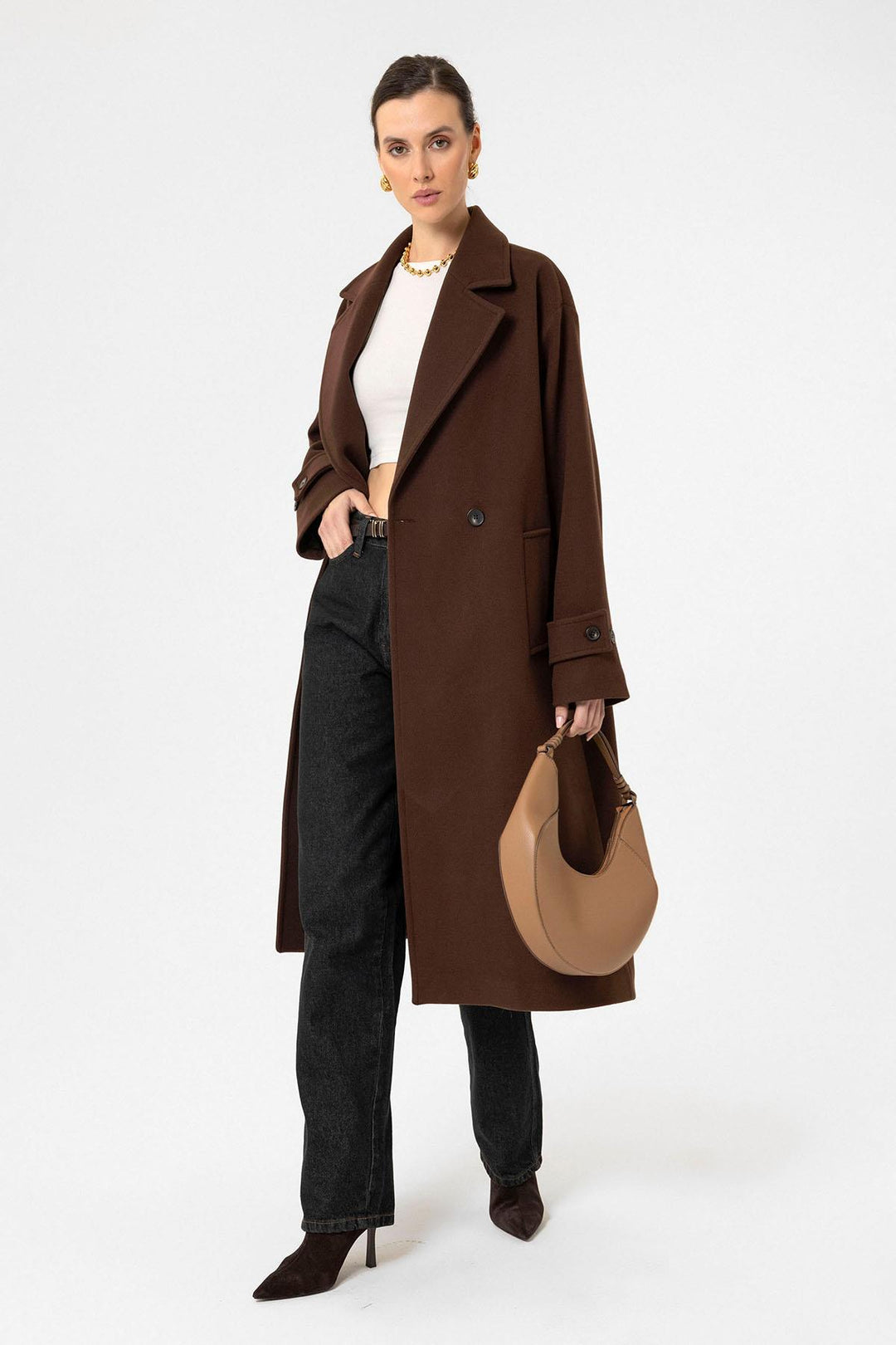 ANT Antioch Coffee Woman Soft Textured Oversized Wrap Coat - Morecambe