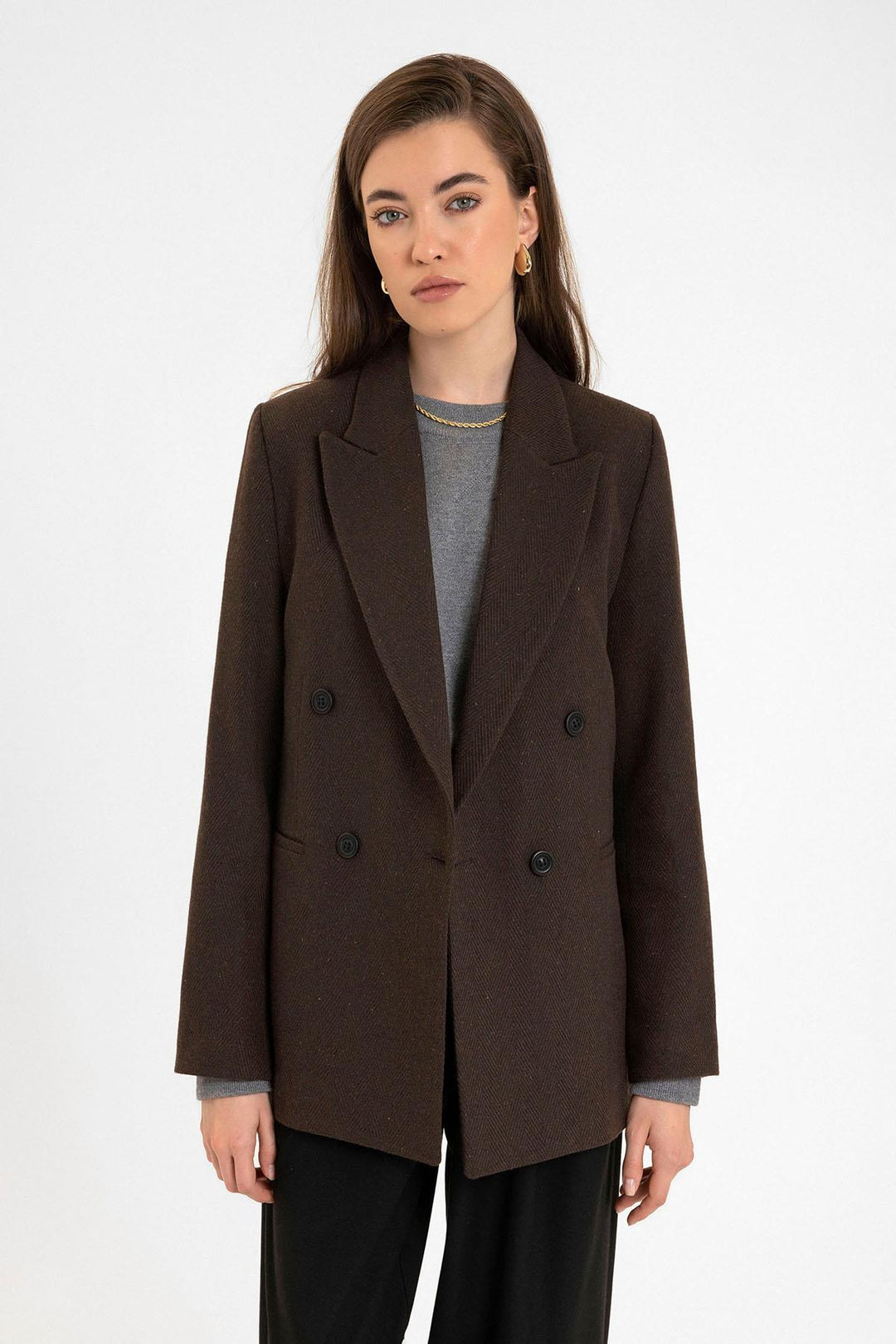 ANT Antioch Coffee Woman Wool Blend Herringbone Patterned Blazer Jacket - Stade