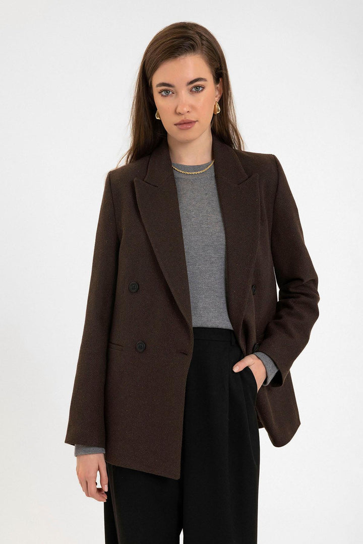 ANT Antioch Coffee Woman Wool Blend Herringbone Patterned Blazer Jacket - Stade