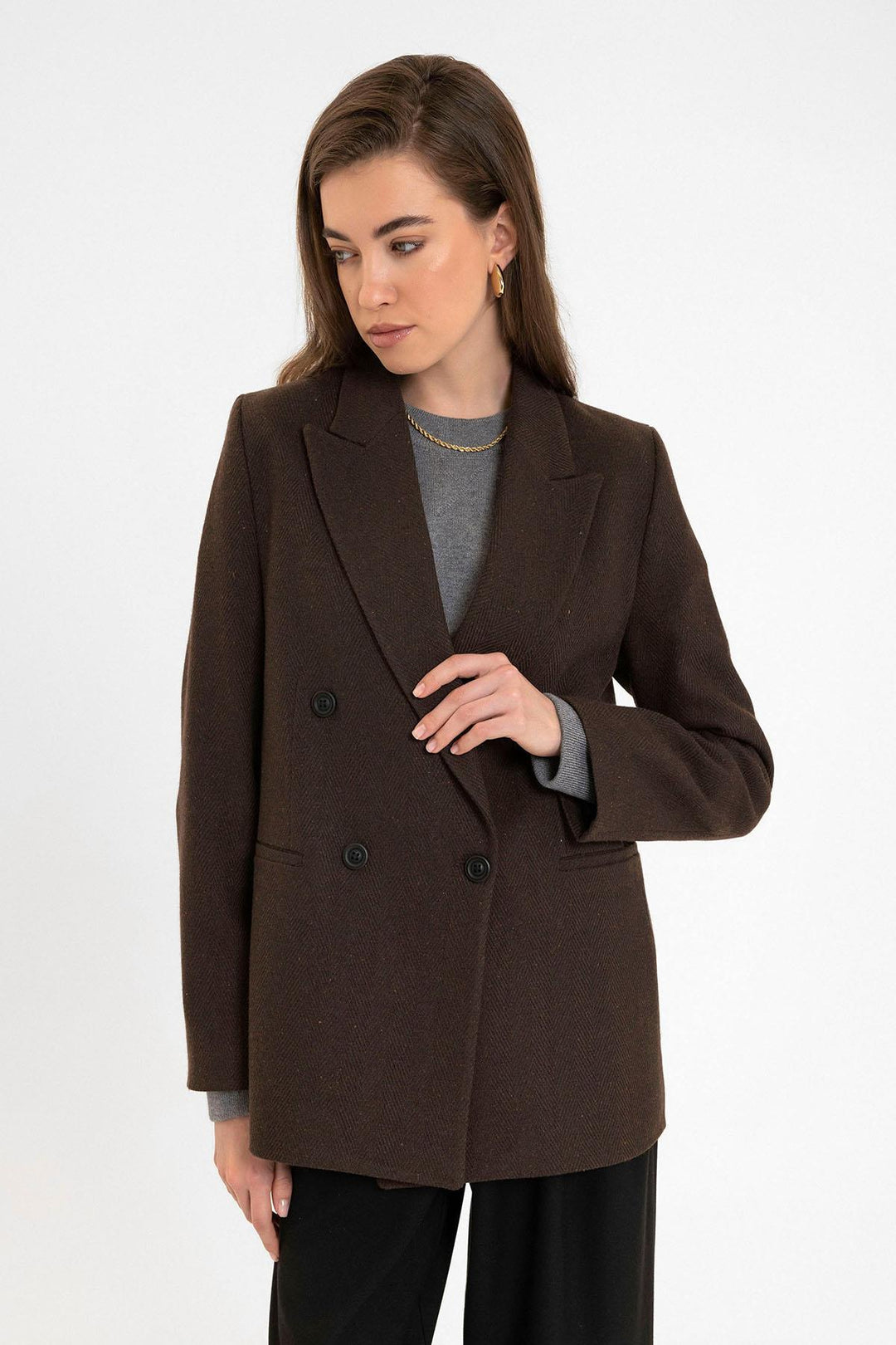 ANT Antioch Coffee Woman Wool Blend Herringbone Patterned Blazer Jacket - Stade