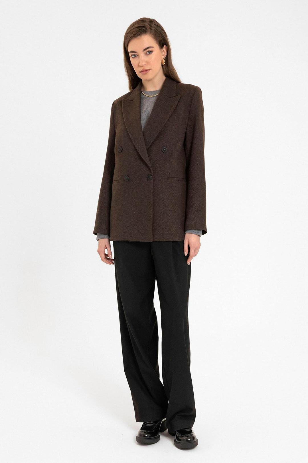 ANT Antioch Coffee Woman Wool Blend Herringbone Patterned Blazer Jacket - Stade