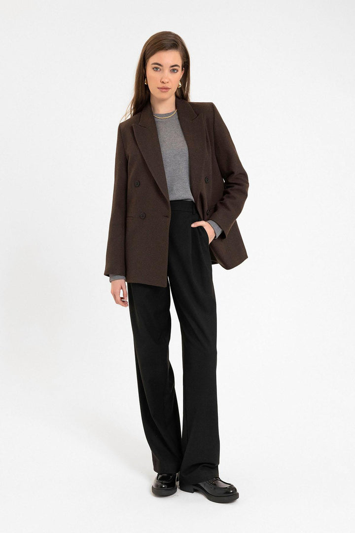 ANT Antioch Coffee Woman Wool Blend Herringbone Patterned Blazer Jacket - Stade