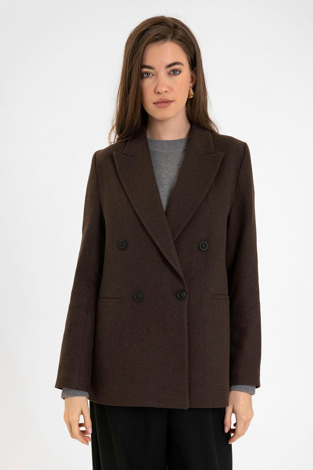 ANT Antioch Coffee Woman Wool Blend Herringbone Patterned Blazer Jacket - Stade