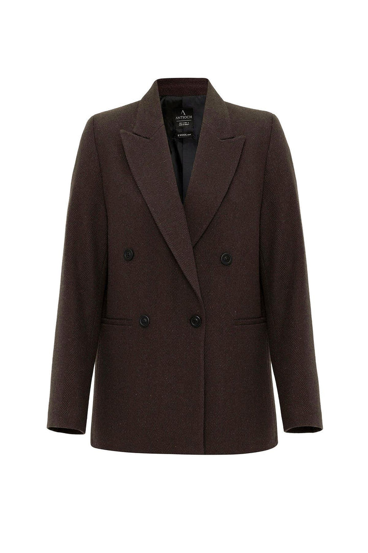 ANT Antioch Coffee Woman Wool Blend Herringbone Patterned Blazer Jacket - Stade