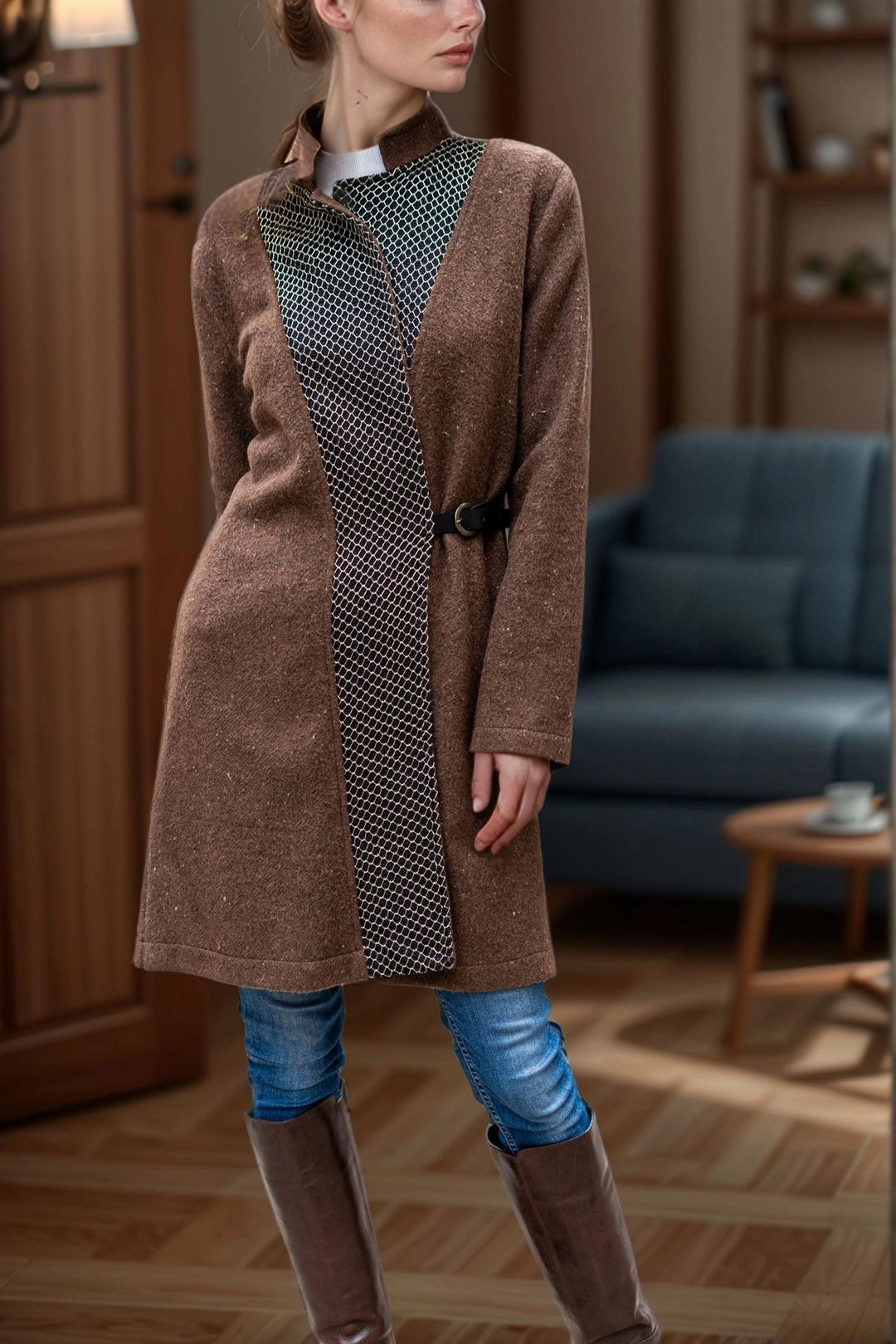 Coffee Coffee Leather Buckled Chain Detailed Shawl Collar Coat BCBSK-25700-3319 - Wesseling