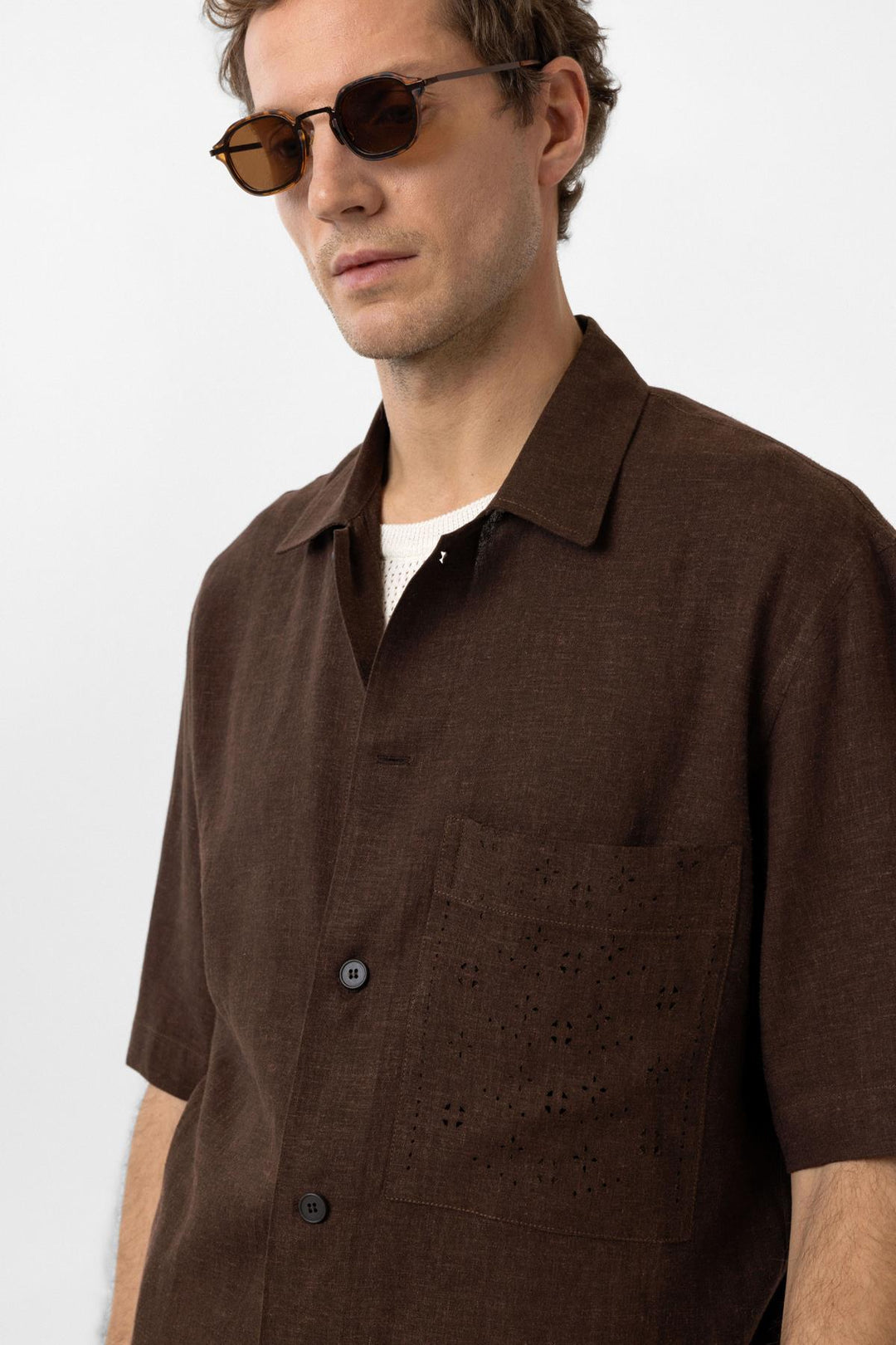 ANT Antioch Coffee Linen Blend Short Sleeve Men's Shirt - Marhanets