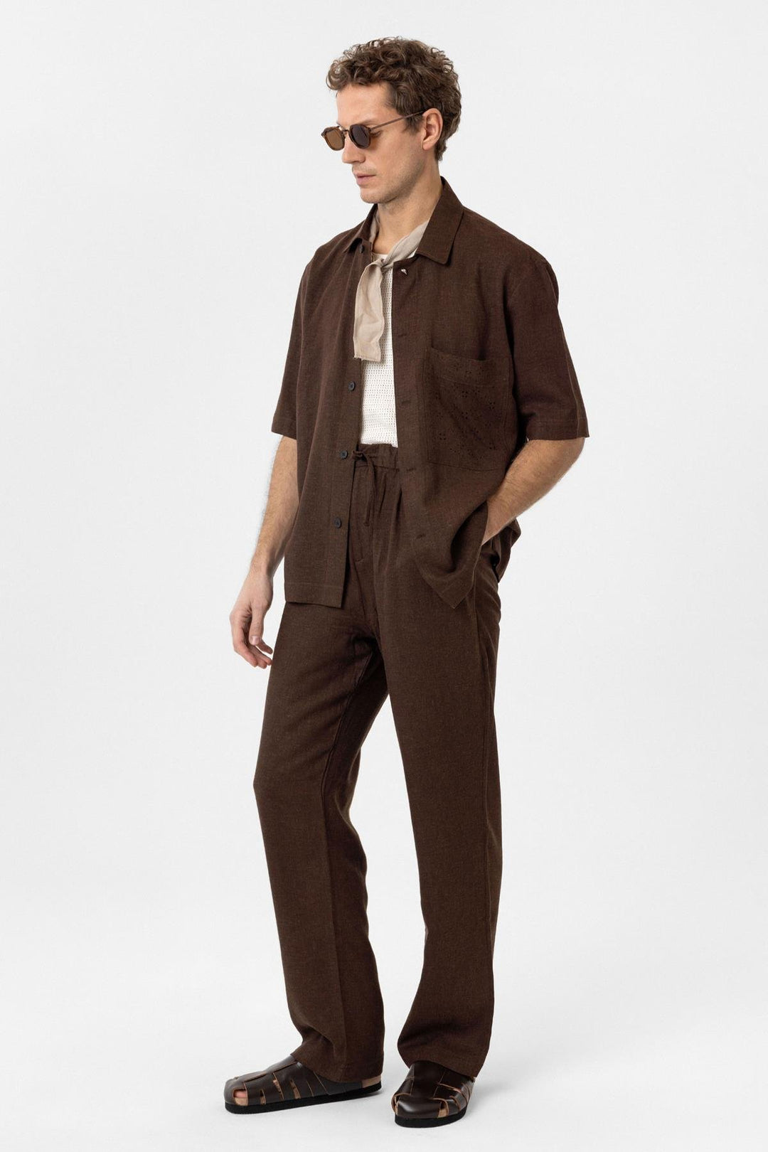 ANT Antioch Coffee Linen Blend Short Sleeve Men's Shirt - Marhanets