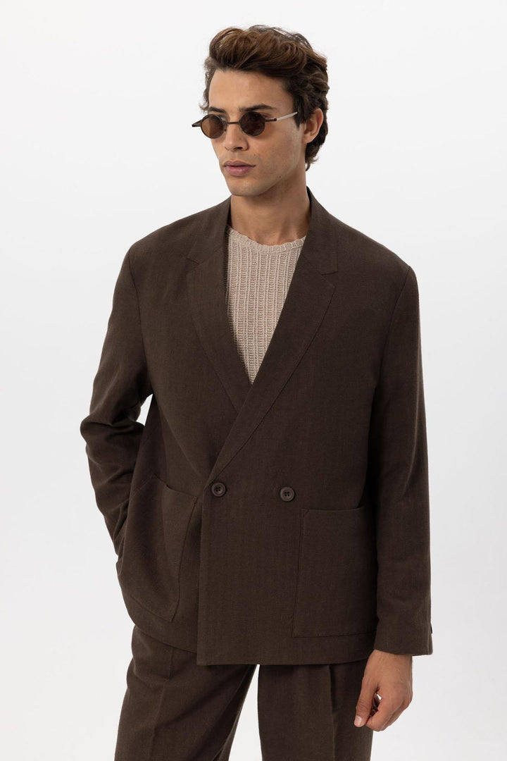 ANT Men's Linen Blend Double-breasted Buttoned Blazer Jacket - Berdiansk