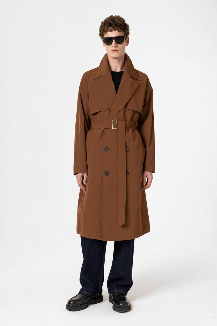 ANT Antioch Coffee Double-Breasted Belted Trench Coat - Caerdydd