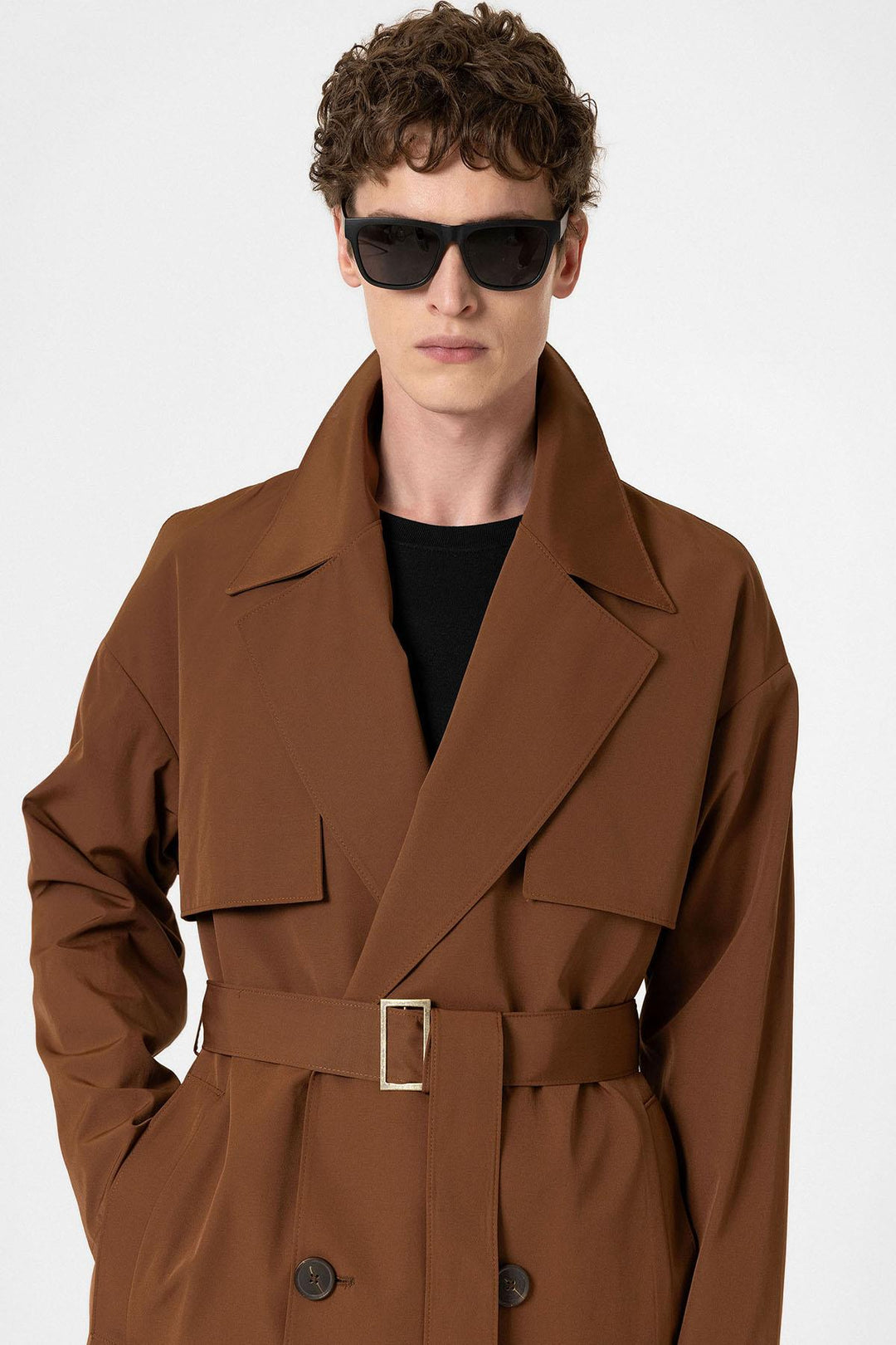 ANT Antioch Coffee Double-Breasted Belted Trench Coat - Caerdydd