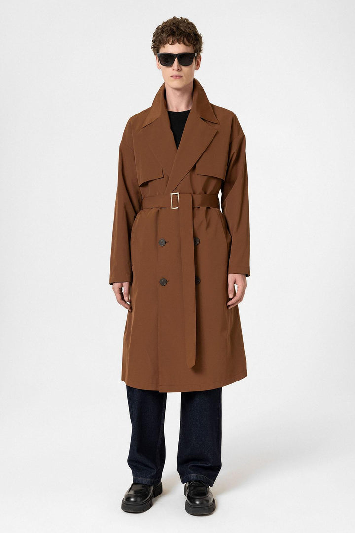 ANT Antioch Coffee Double-Breasted Belted Trench Coat - Caerdydd