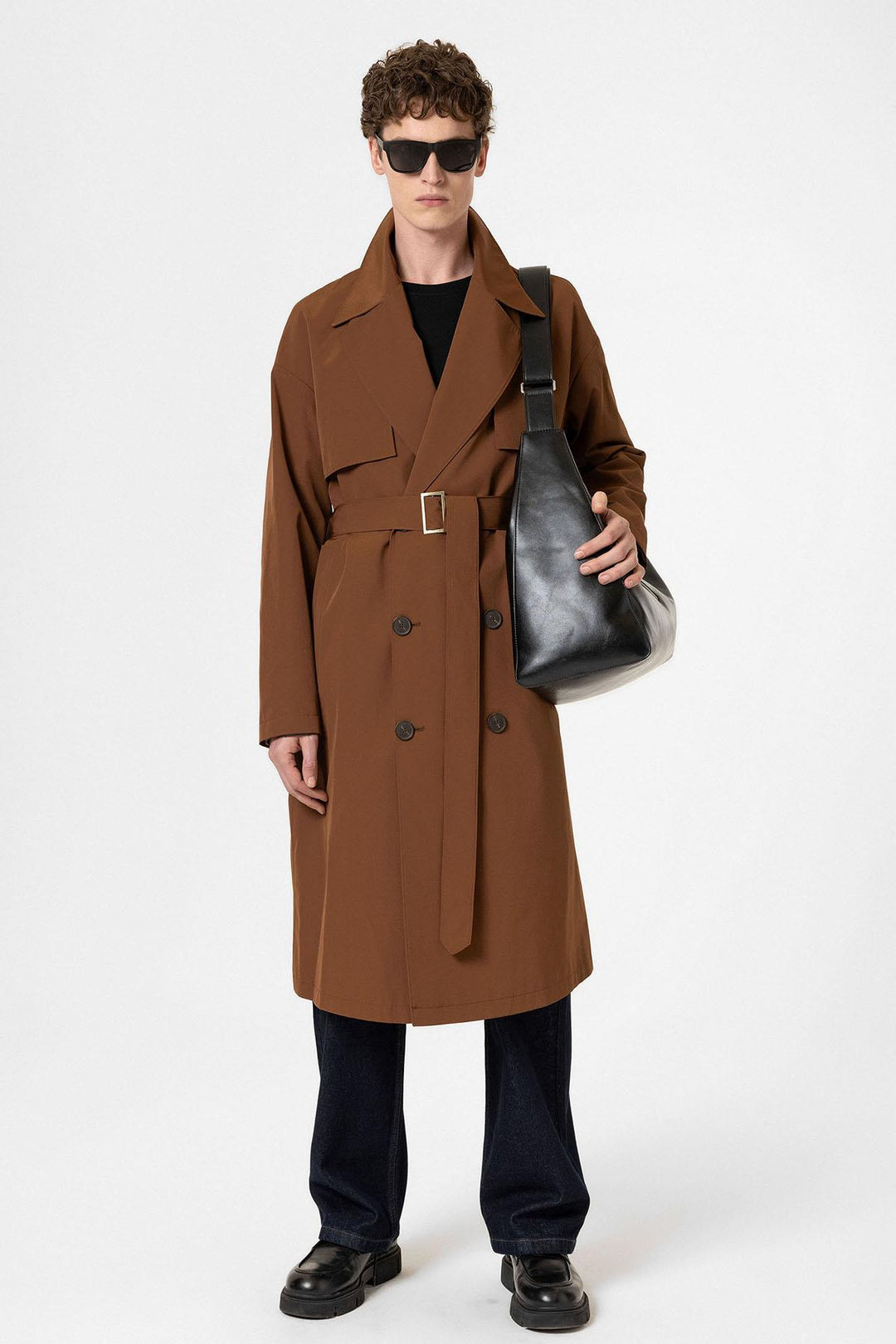 ANT Antioch Coffee Double-Breasted Belted Trench Coat - Caerdydd