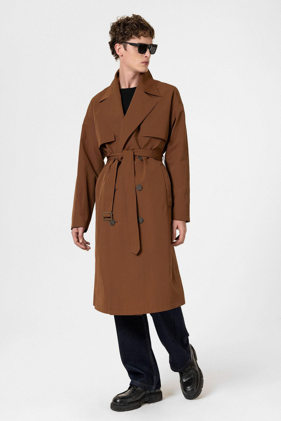 ANT Antioch Coffee Double-Breasted Belted Trench Coat - Caerdydd