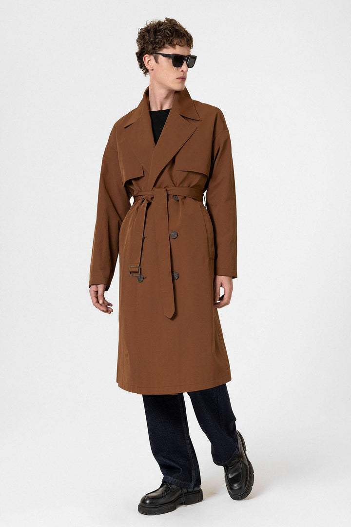 ANT Antioch Coffee Double-Breasted Belted Trench Coat - Caerdydd