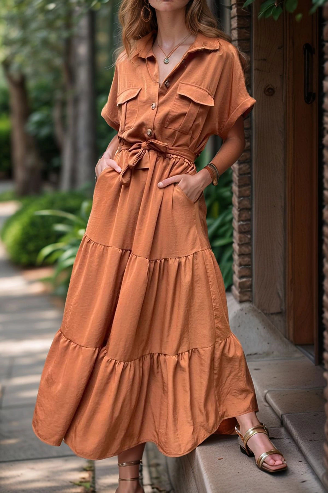 Coffee Half Pleated Skirt with Belt Loose Dress BCBSK-25700-3336 - Grugliasco