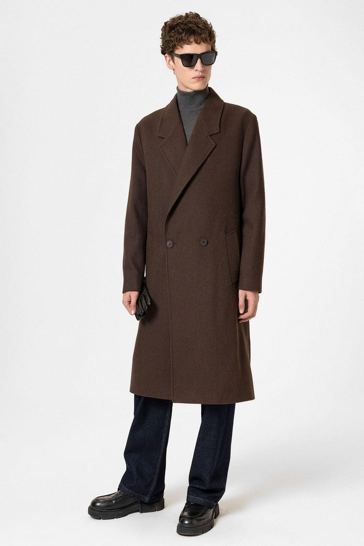 ANT Antioch Coffee Wool Blend Herringbone Double-Breasted Men's Coat - Longueuil