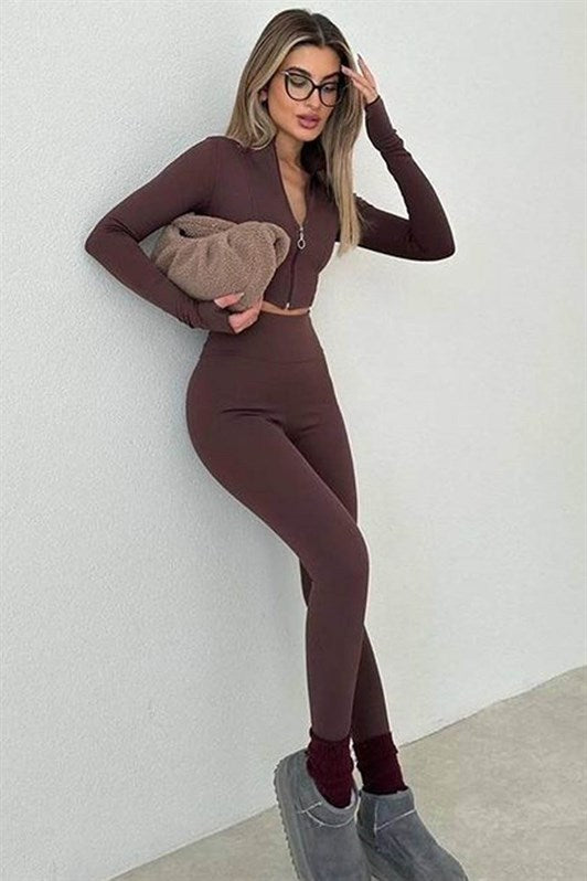 MDX Brown High Waist Women's Ribbed Leggings MG1625 - Denton
