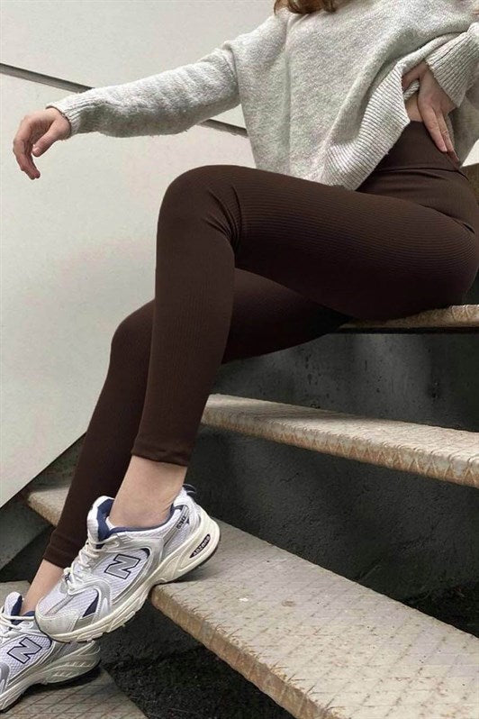MDX Brown High Waist Women's Ribbed Leggings MG1625 - Denton