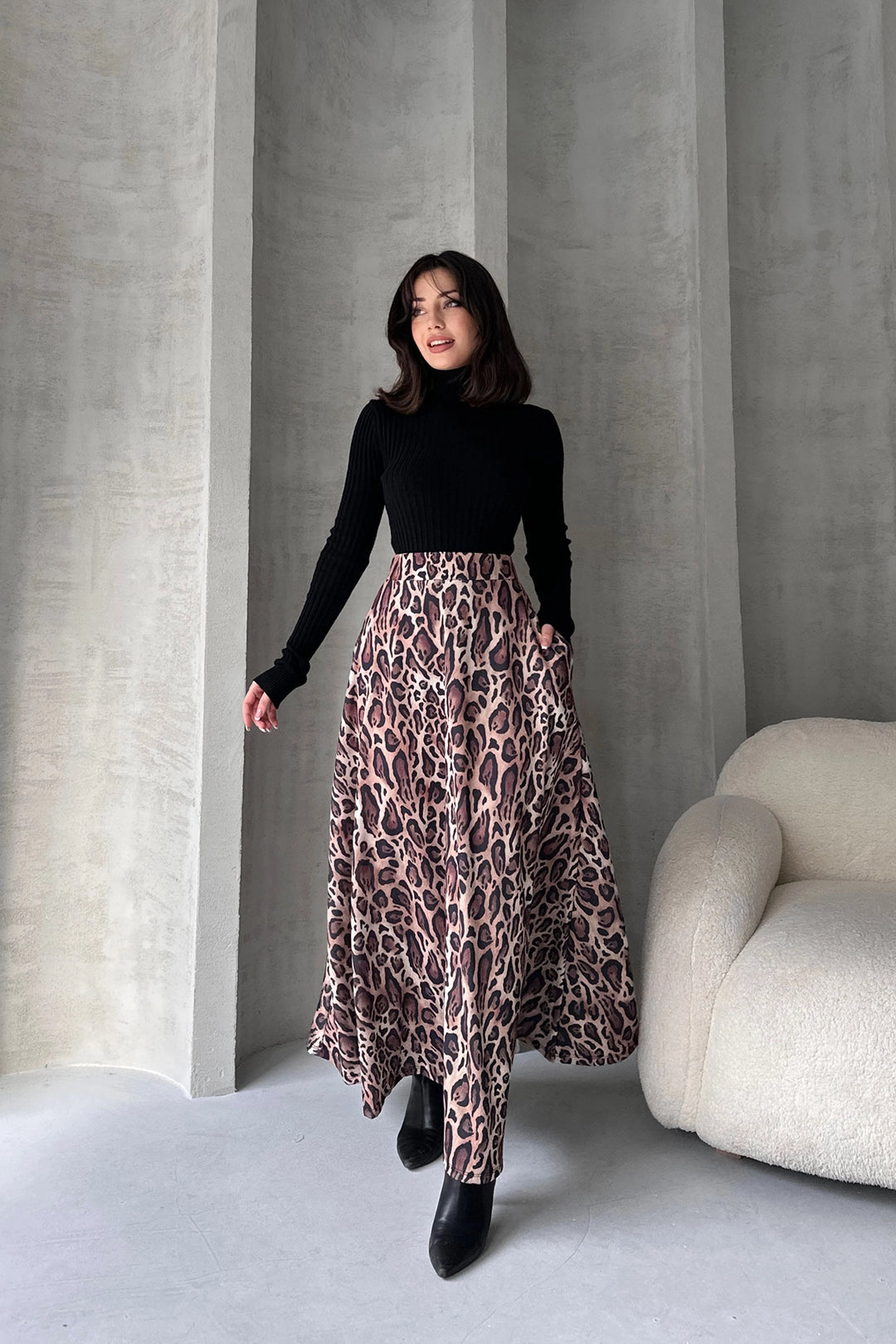 Brown High Waist Leopard Print Flared Skirt BCDF-242142 - Houma