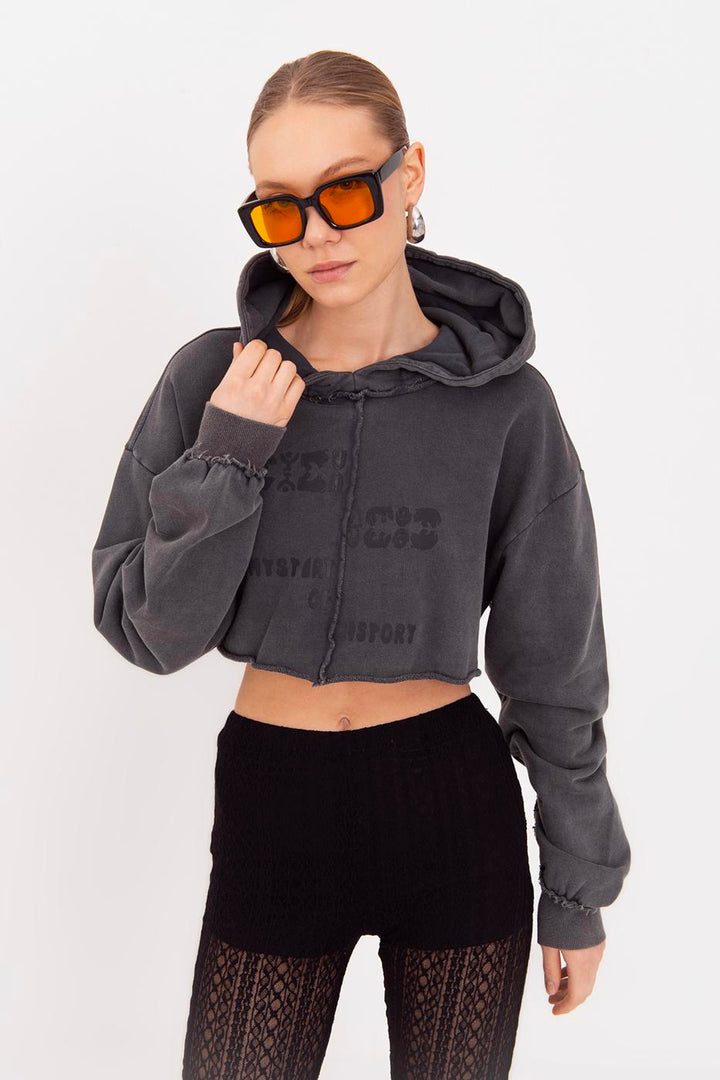 BSL Women Hooded Printed Crop Sweatshirt - Huehuetoca