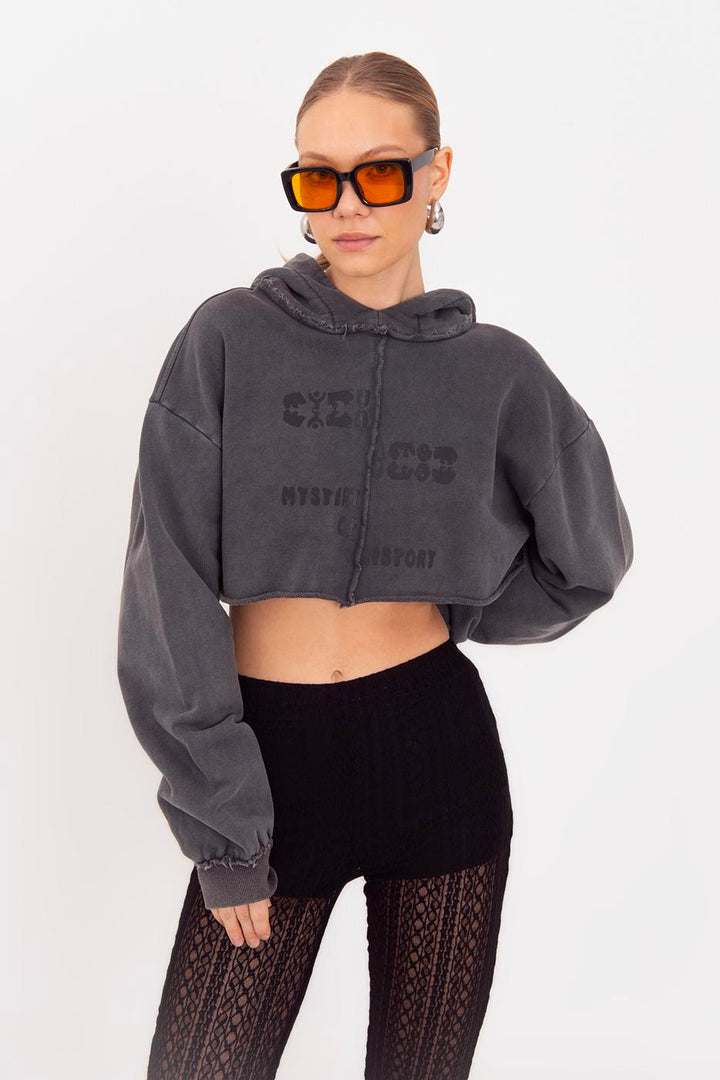 BSL Women Hooded Printed Crop Sweatshirt - Huehuetoca