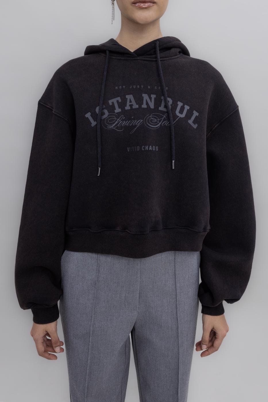 BSL Women Hooded Print Detailed Fleece Sweatshirt - Ramos Arizpe