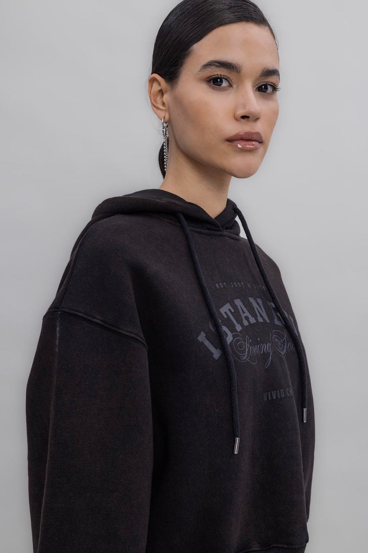 BSL Women Hooded Print Detailed Fleece Sweatshirt - Ramos Arizpe