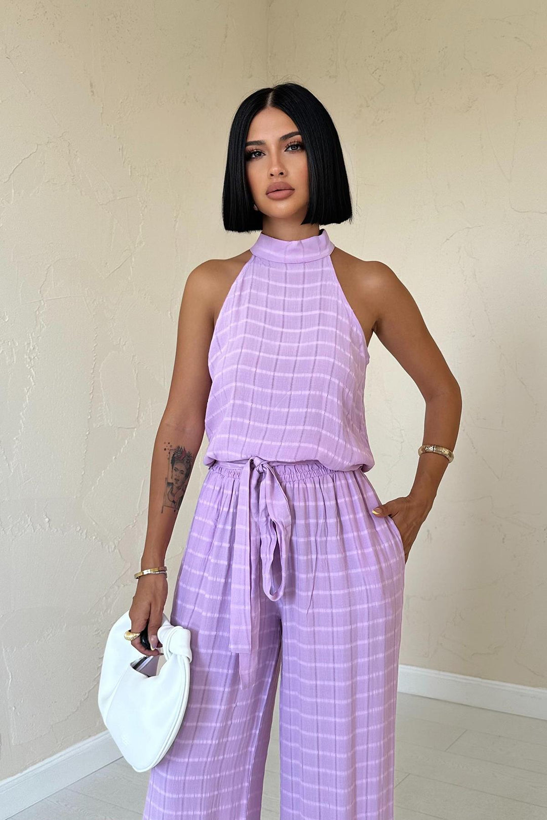 ELS Checkered Sleeveless Blouse and Pants Set - Lilac - San Luis Potosí
