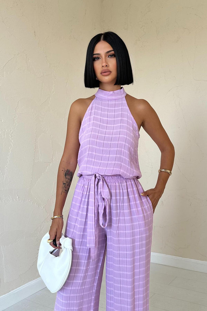 ELS Checkered Sleeveless Blouse and Pants Set - Lilac - San Luis Potosí