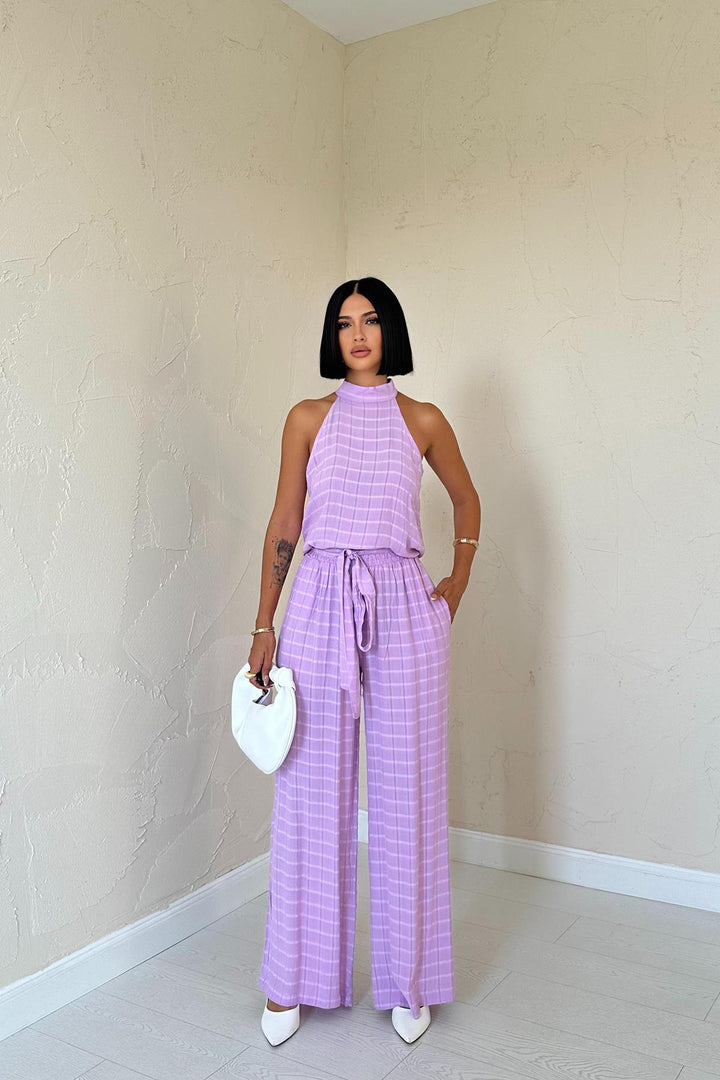 ELS Checkered Sleeveless Blouse and Pants Set - Lilac - San Luis Potosí