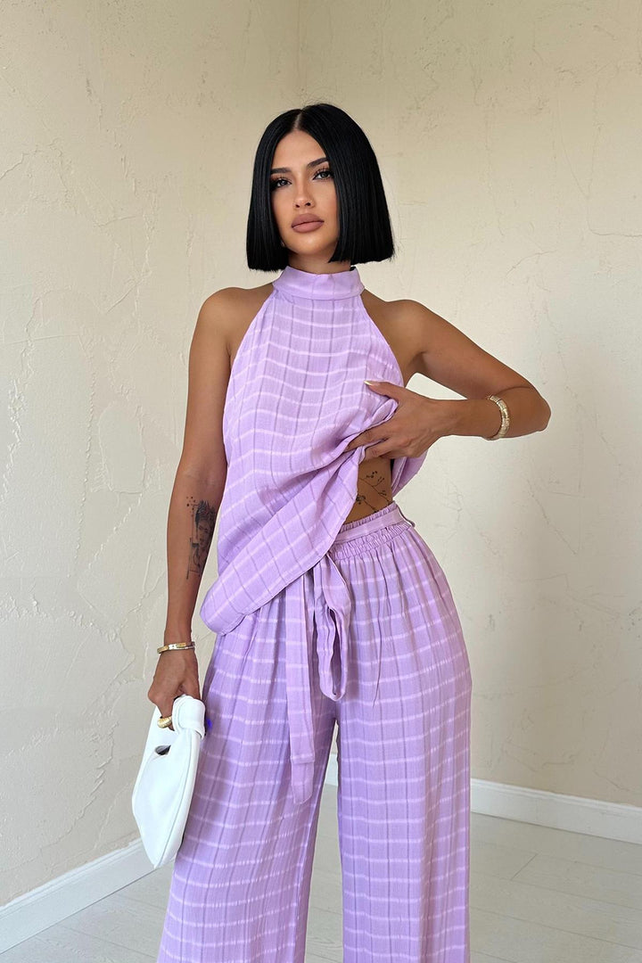 ELS Checkered Sleeveless Blouse and Pants Set - Lilac - San Luis Potosí