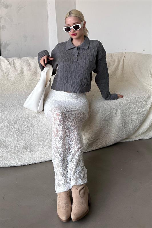 MDX Anthracite Hair Braided Polo Neck Women's Sweater Mg2310 - Brick