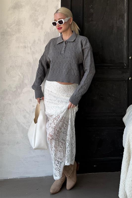 MDX Anthracite Hair Braided Polo Neck Women's Sweater Mg2310 - Brick