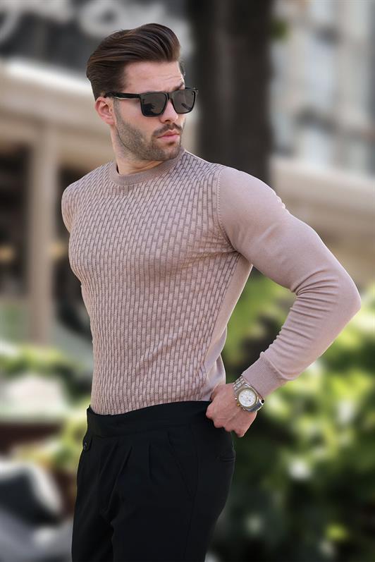 MDX Beige Patterned Men's Knit Sweater 7266 - Hoogeveen
