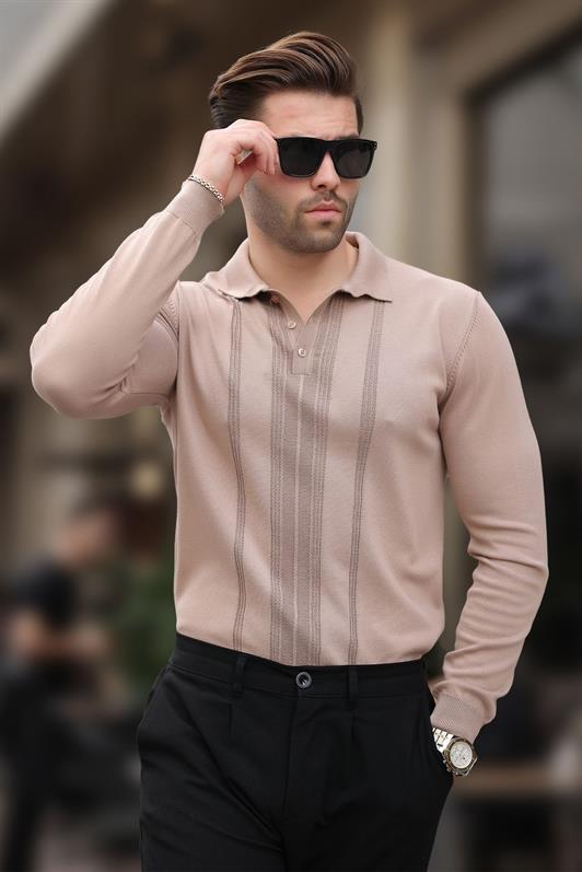 MDX Beige Polo Neck Striped Men's Sweater 7265 - Auckland