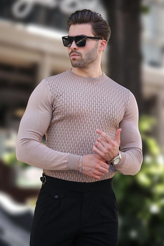 MDX Beige Patterned Men's Knit Sweater 7266 - Hoogeveen