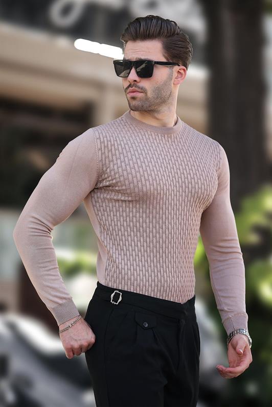 MDX Beige Patterned Men's Knit Sweater 7266 - Hoogeveen