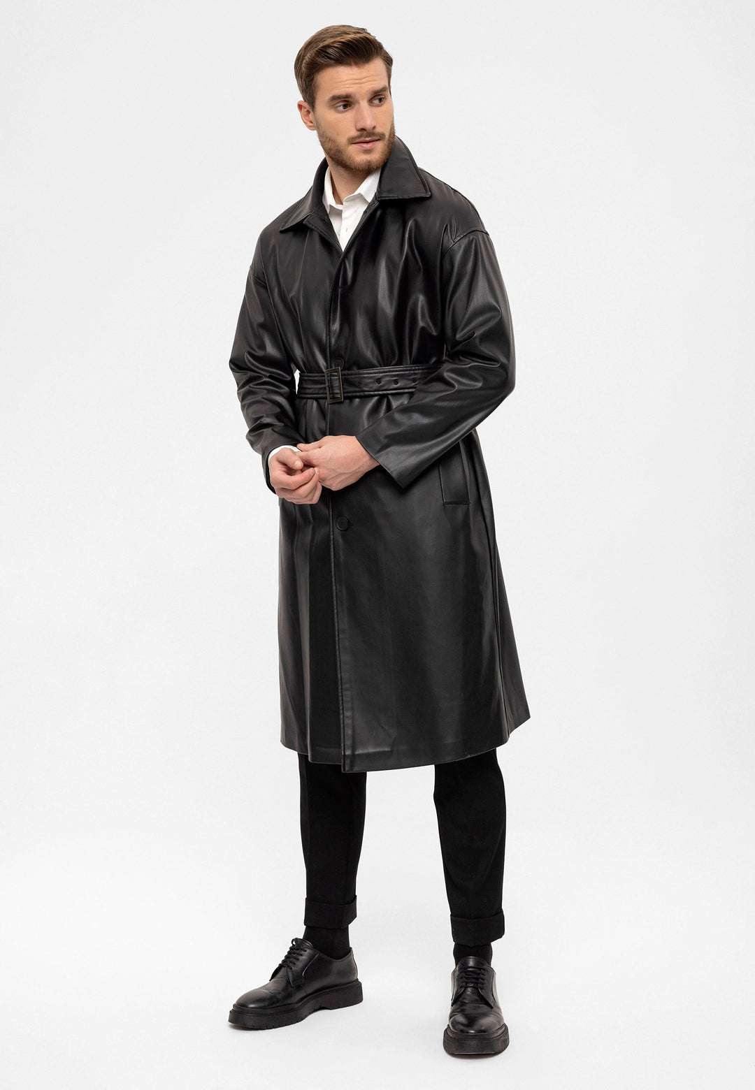 ANT Belt Detailed Faux Leather Trench Coat - Schertz