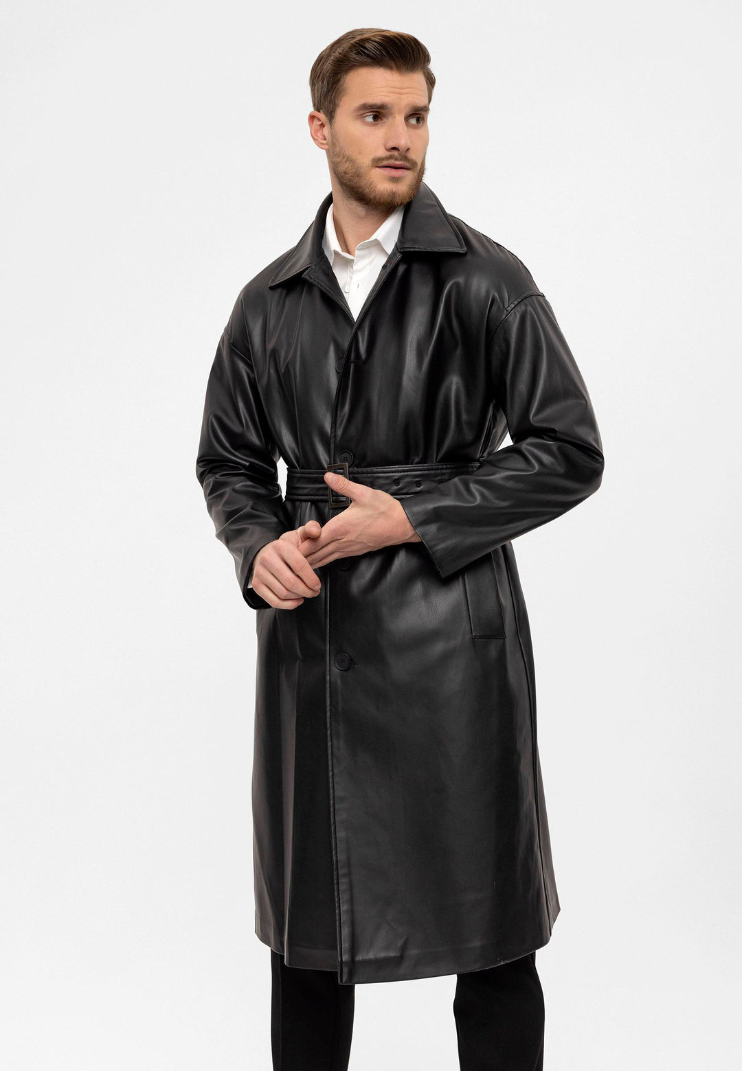 ANT Belt Detailed Faux Leather Trench Coat - Schertz