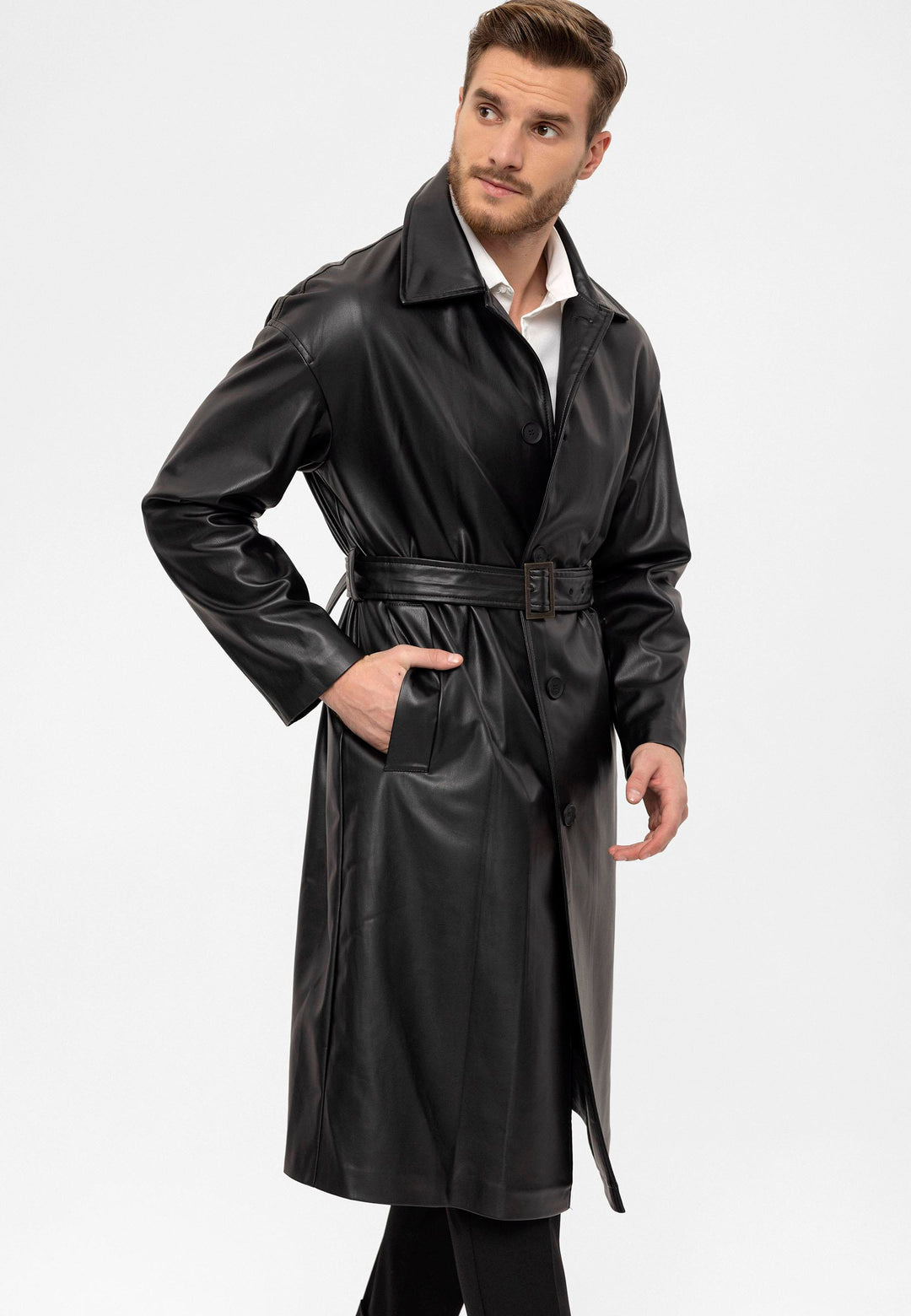 ANT Belt Detailed Faux Leather Trench Coat - Schertz