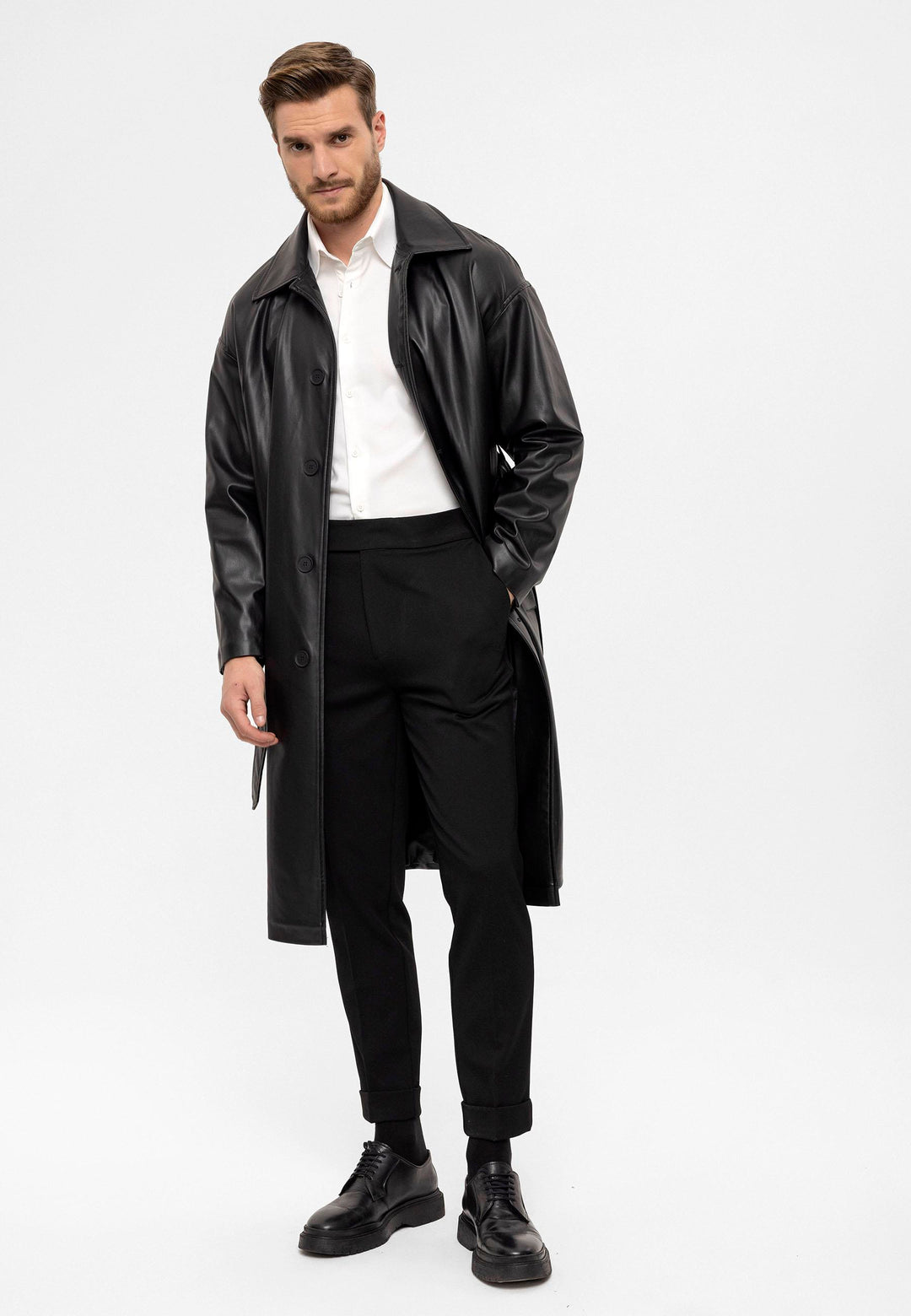 ANT Belt Detailed Faux Leather Trench Coat - Schertz