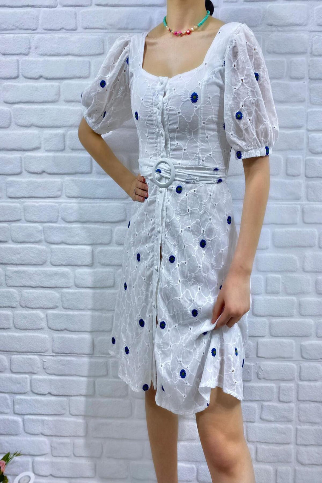 ELS Belted Square Neck Dress - Blue - Aspen Hill