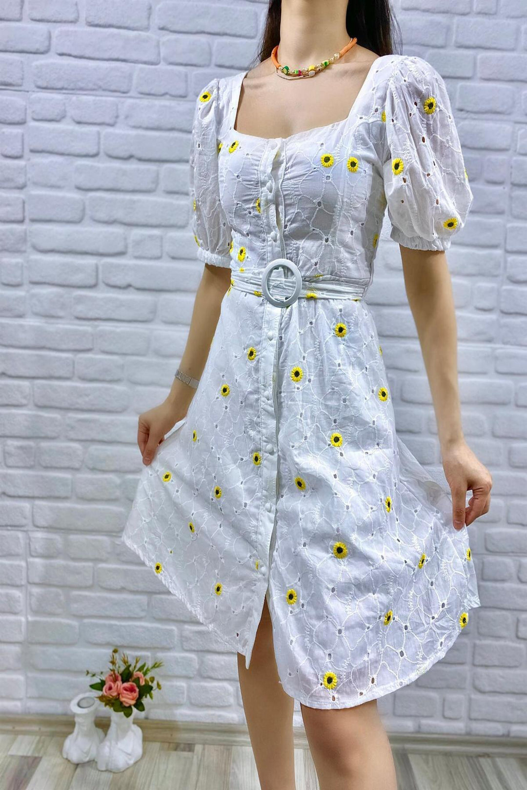 ELS Belted Square Neck Dress - Yellow - Plantation