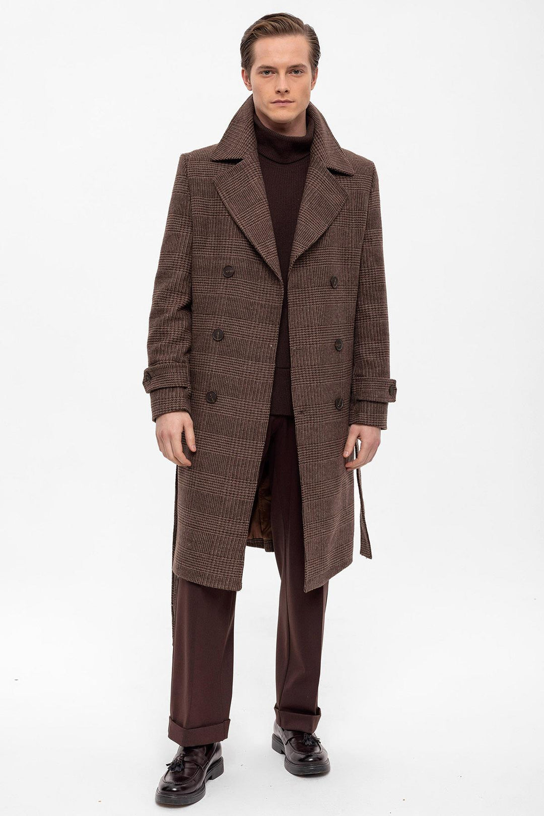 ANT Belted Double Breasted Closure Plaid Men's Coat - Reston