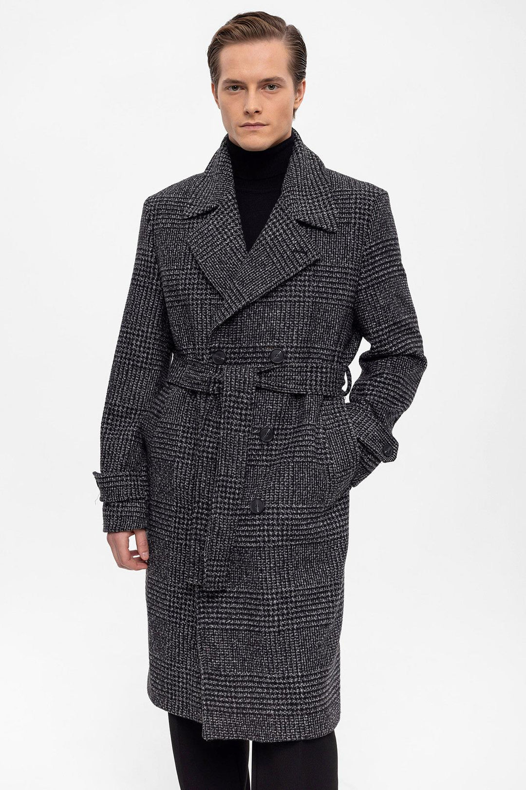 ANT Belted Double Breasted Closure Plaid Men's Coat - Central Coast