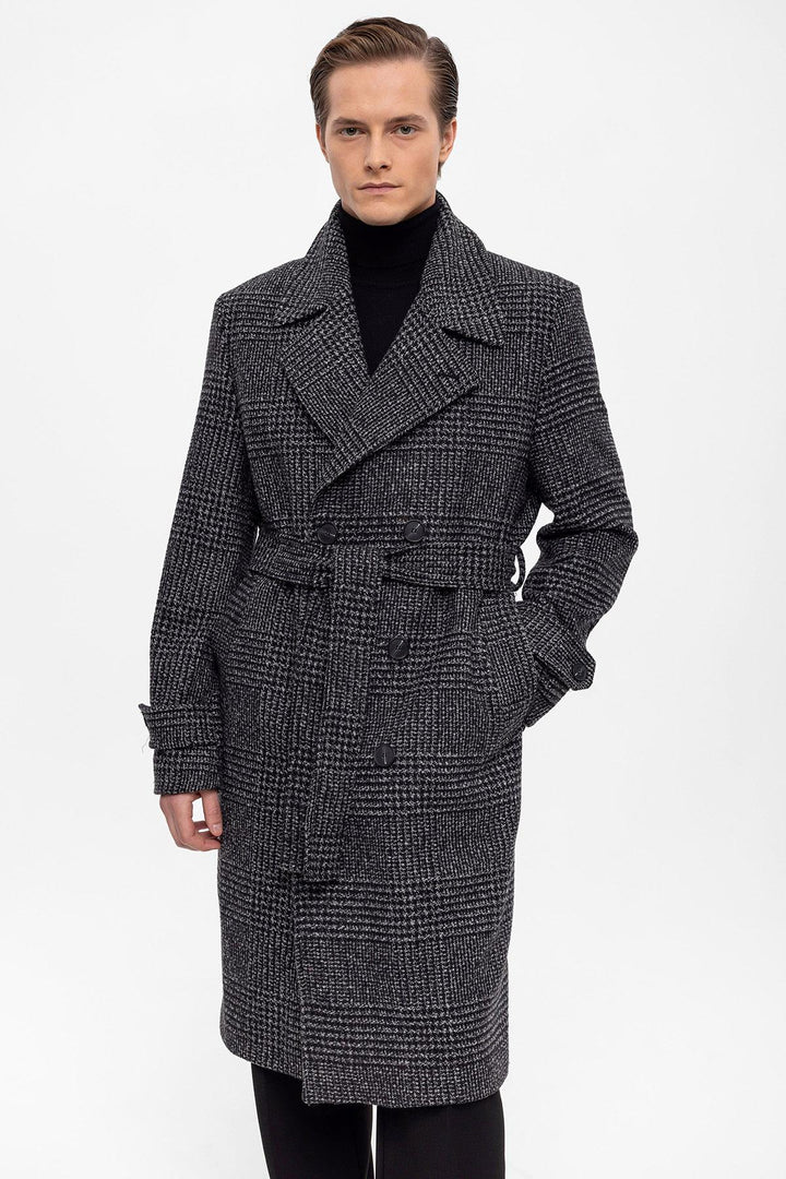 ANT Belted Double Breasted Closure Plaid Men's Coat - Central Coast